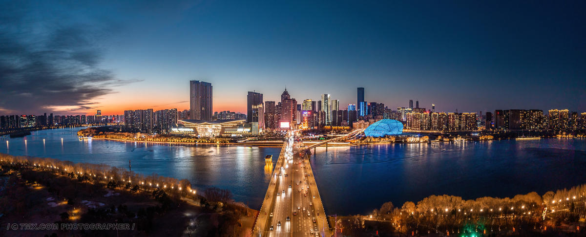 沈阳青年大街浑河桥cbd落日夜景美景航拍全景 风光 建筑 城市 黄昏